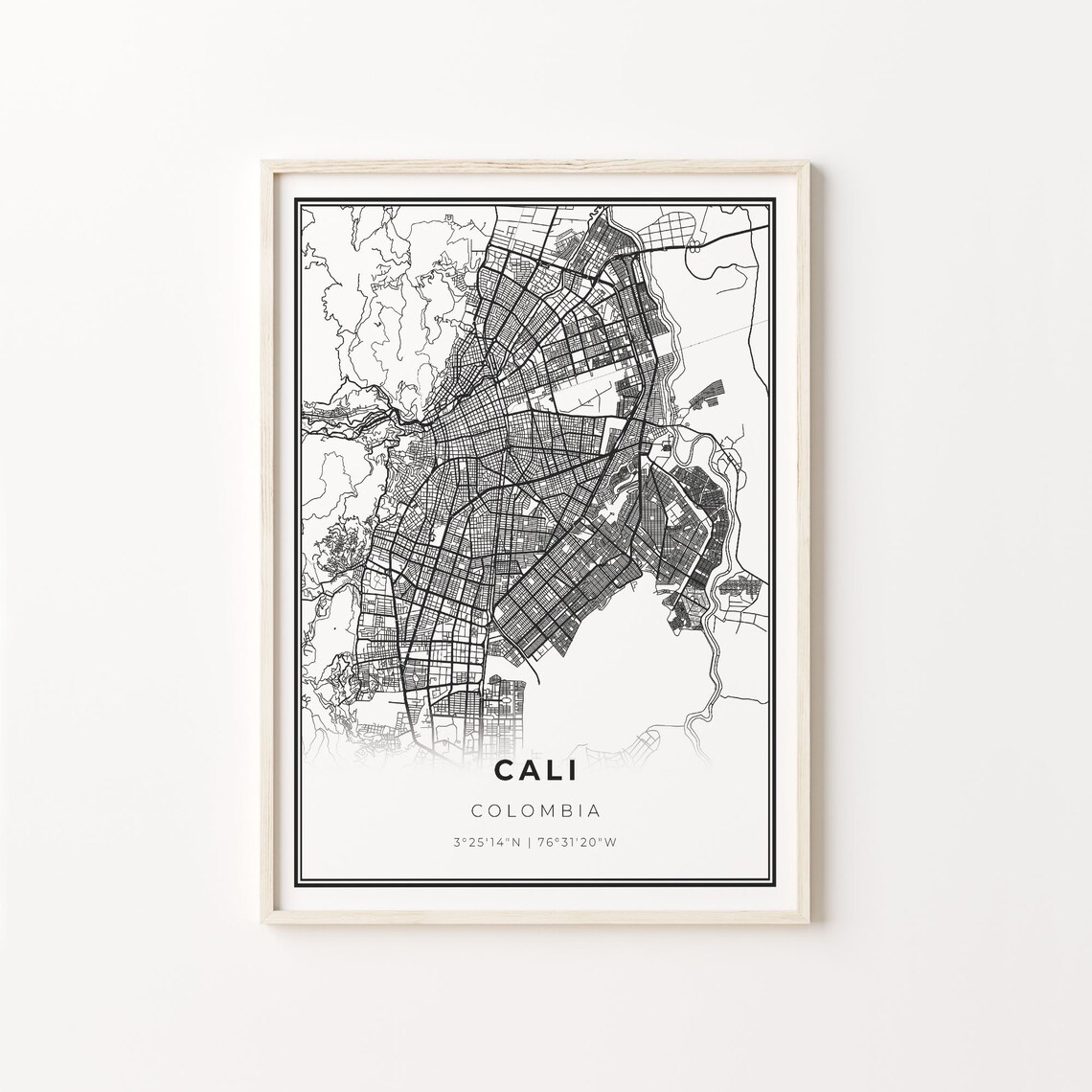 Cali City Map Art Print, Modern Black and White