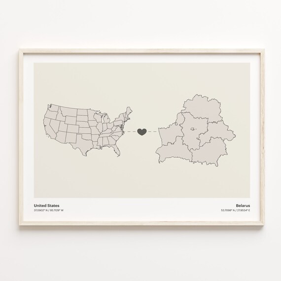 United States To Belarus Long Distance Heart Connection Map Poster