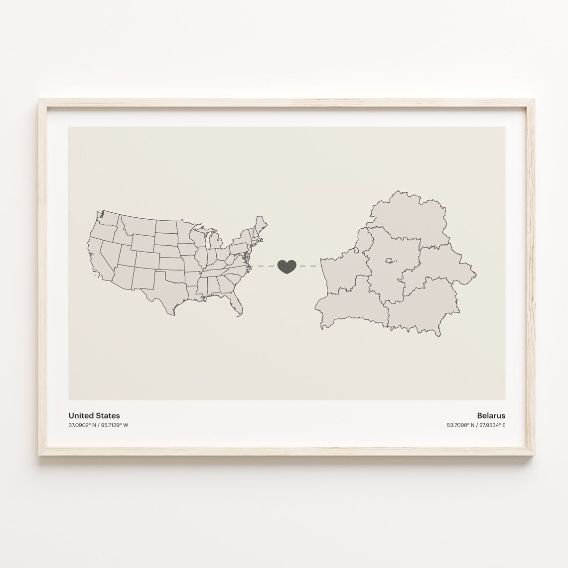 United States To Belarus Long Distance Heart Connection Map Poster