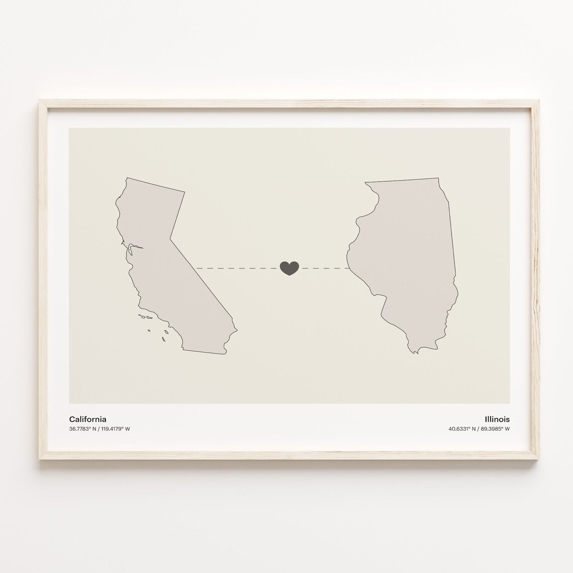 California and Illinois Couple Long Distance Love Heart Map Poster