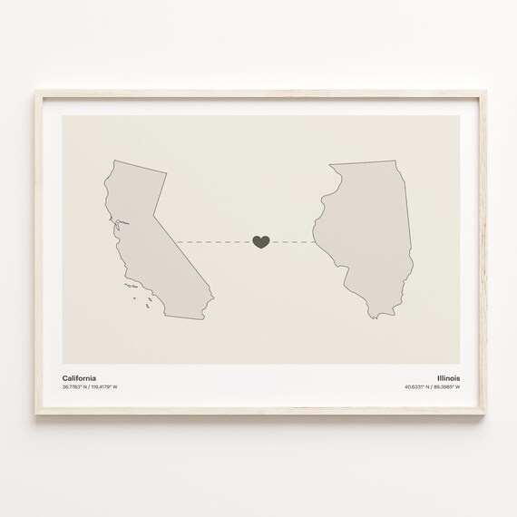 California and Illinois Couple Long Distance Love Heart Map Poster