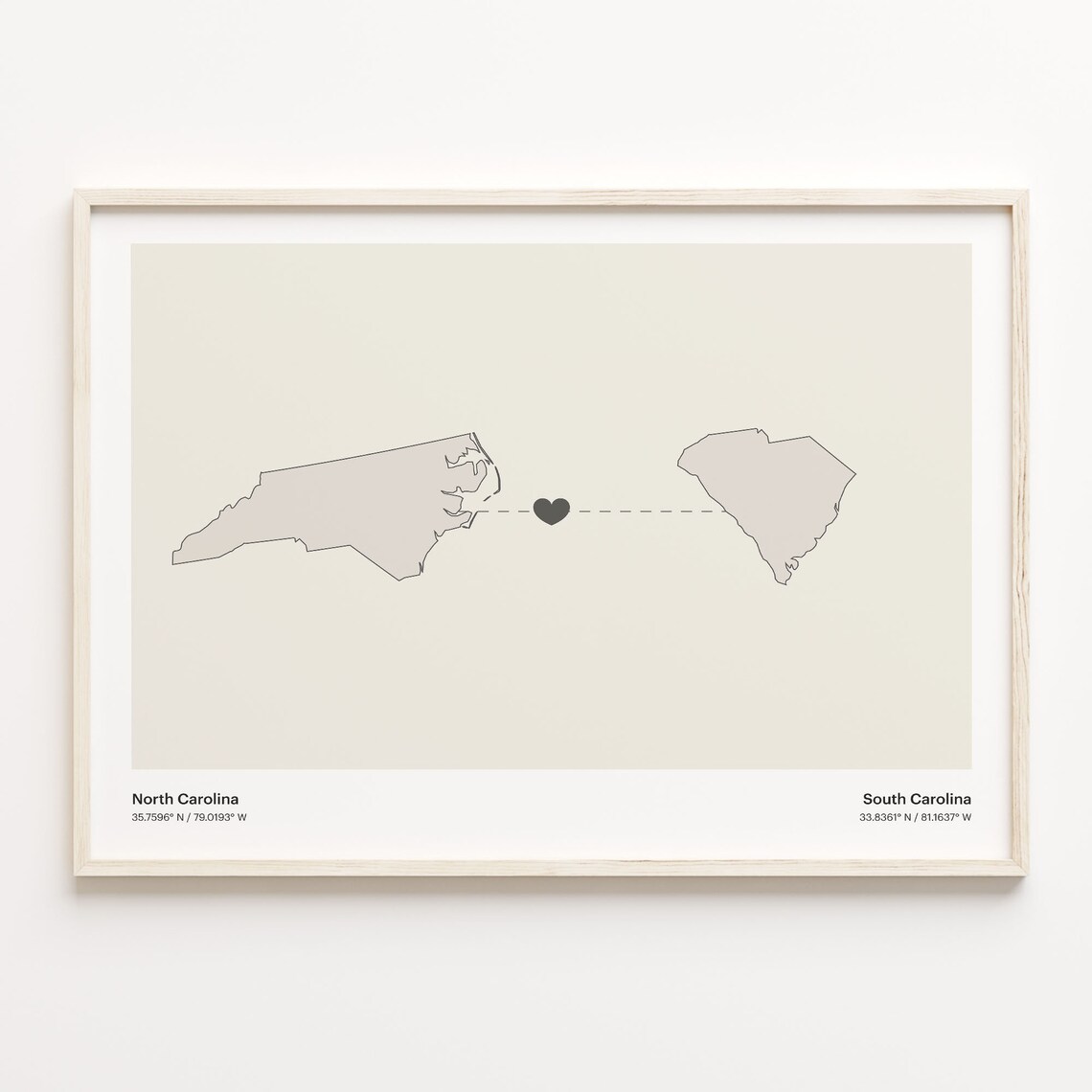 North Carolina To South Carolina Minimalist Heart Map Connection Print