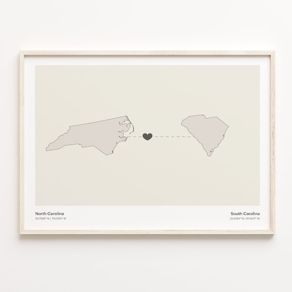 North Carolina To South Carolina Minimalist Heart Map Connection Print
