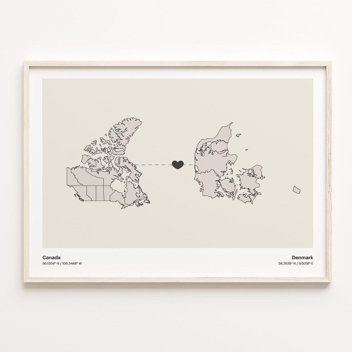 Canada To Denmark Soft Beige Heart Connection Minimalist Map Poster