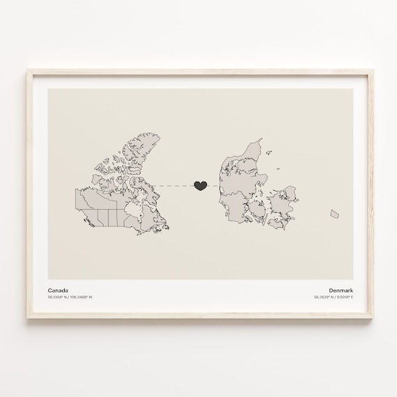 Canada To Denmark Soft Beige Heart Connection Minimalist Map Poster