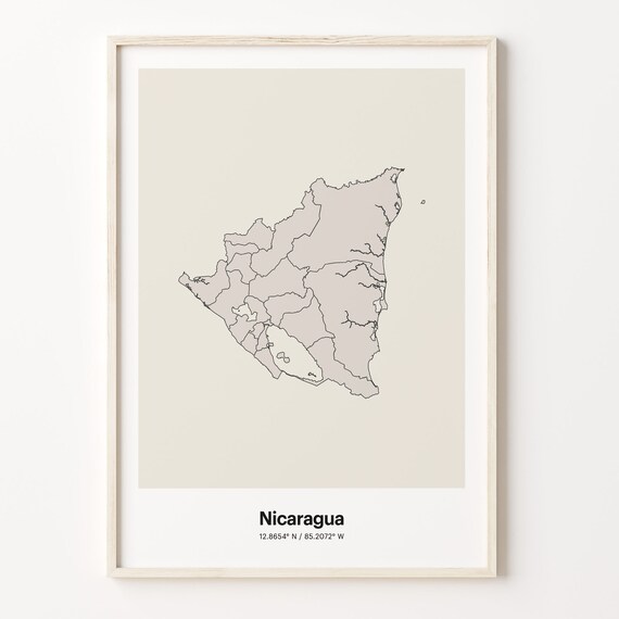 Nicaragua Minimalist Map Poster With Printed Coordinates Neutral Home Decor