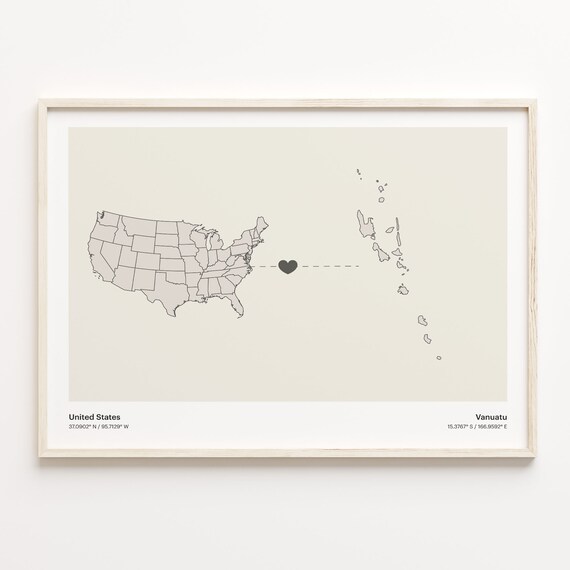 United States To Vanuatu Minimalist Heart Map Connection Gift Poster