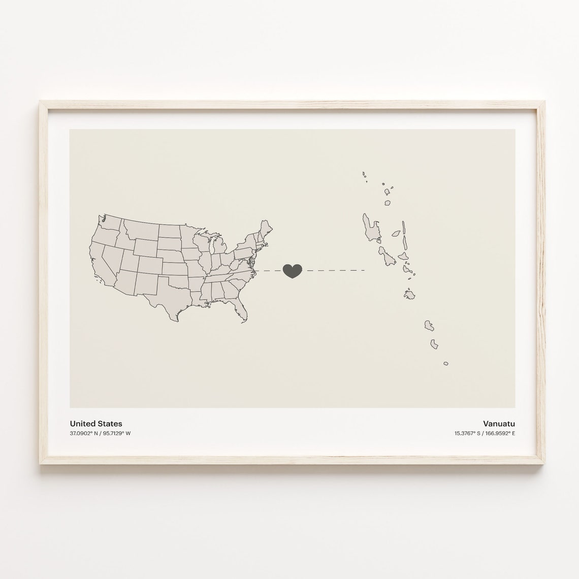 United States To Vanuatu Minimalist Heart Map Connection Gift Poster