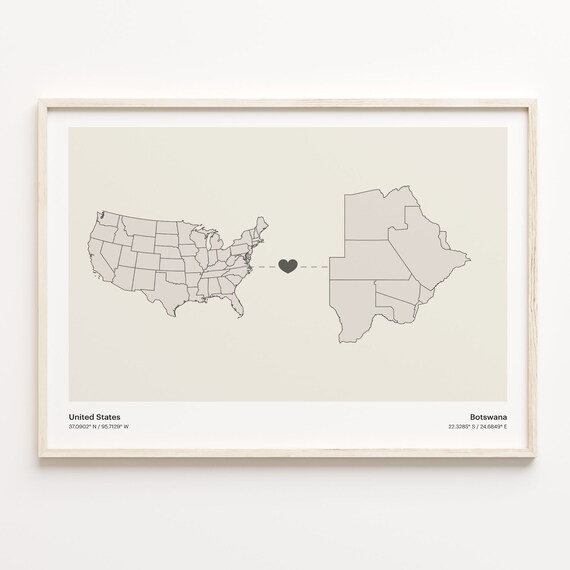 United States To Botswana Long Distance Heart Connection Map Poster
