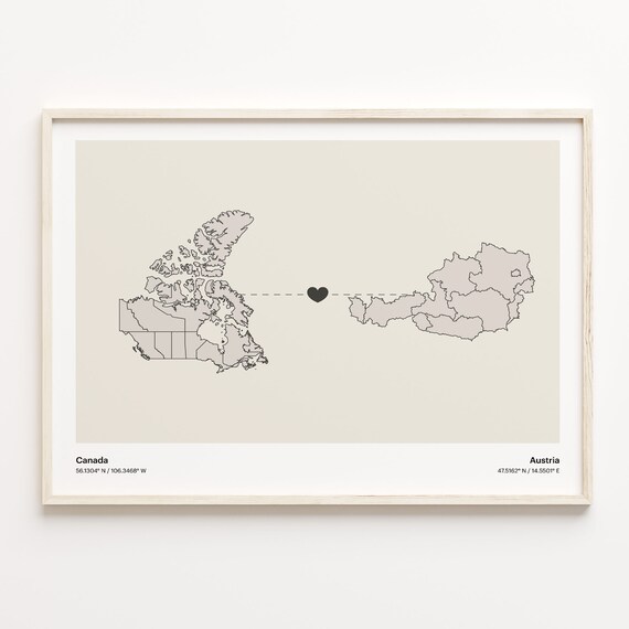 Canada to Austria Heart Country Connection Minimalist Map Poster