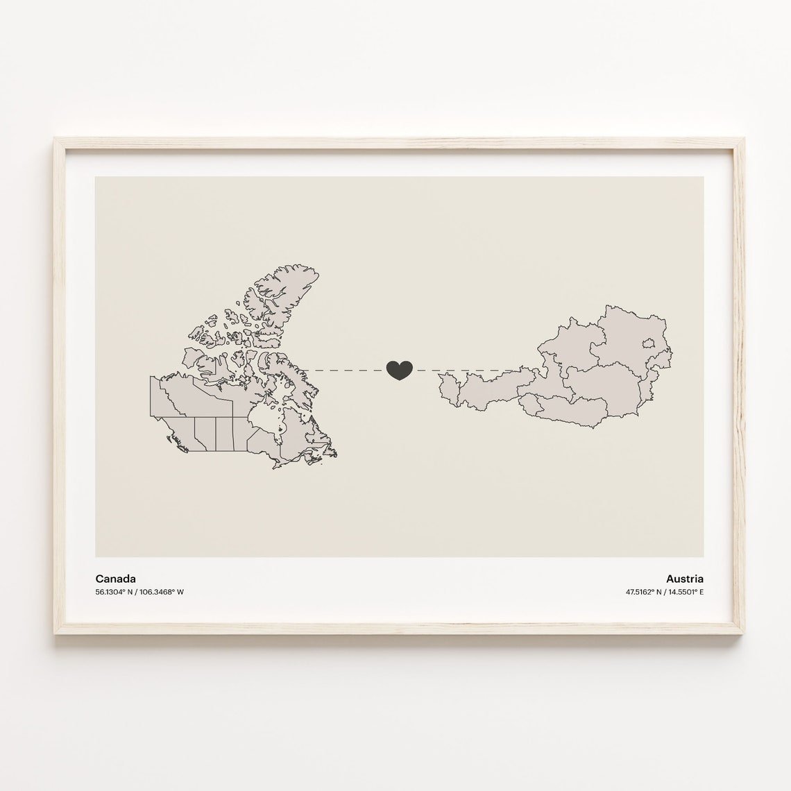 Canada to Austria Heart Country Connection Minimalist Map Poster