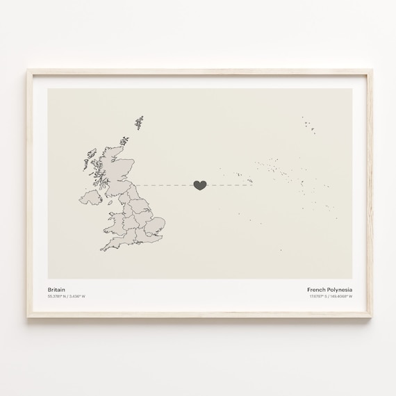 Britain To French Polynesia Minimalistic Heart Love Connection Map Poster