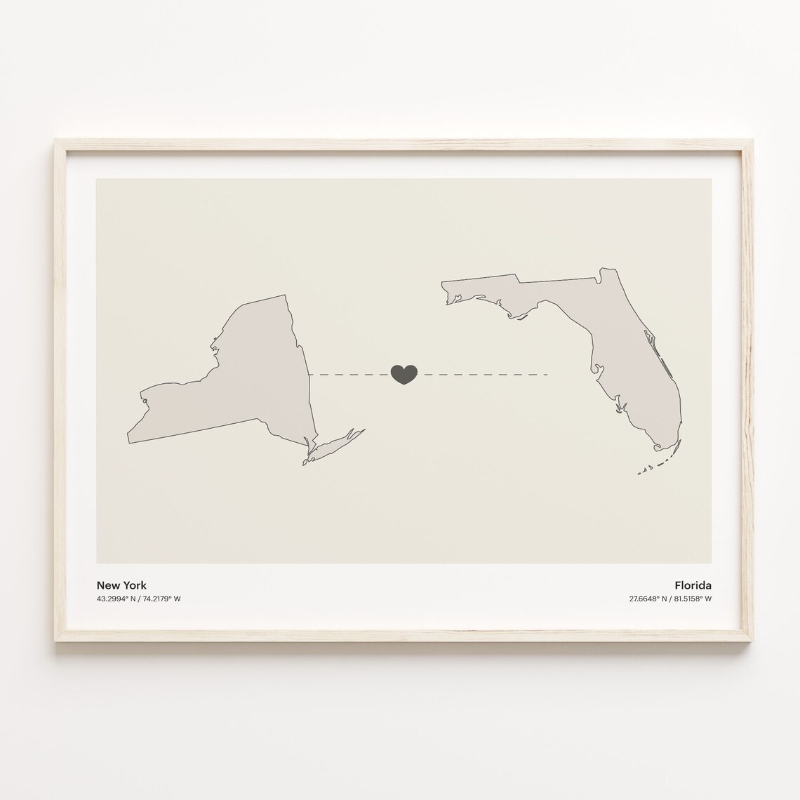 New York and Florida Couple Long Distance Love Heart Map Poster