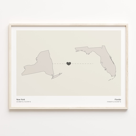 New York and Florida Couple Long Distance Love Heart Map Poster