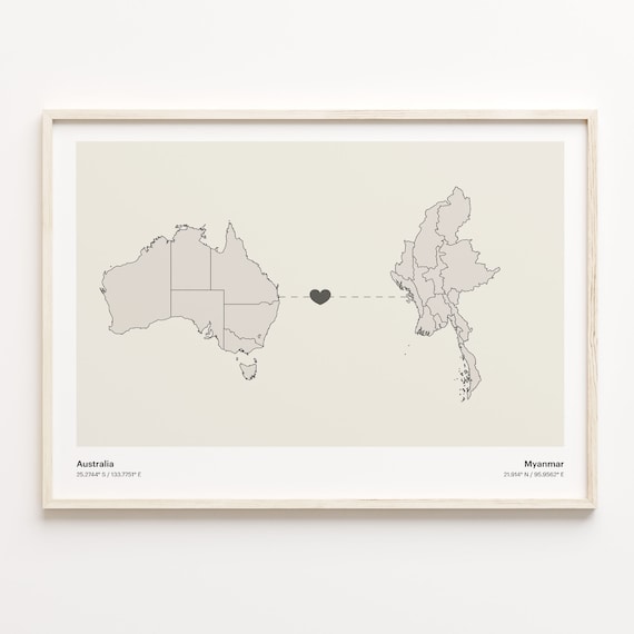Australia and Myanmar Long Distance Love Country Connection Map Poster