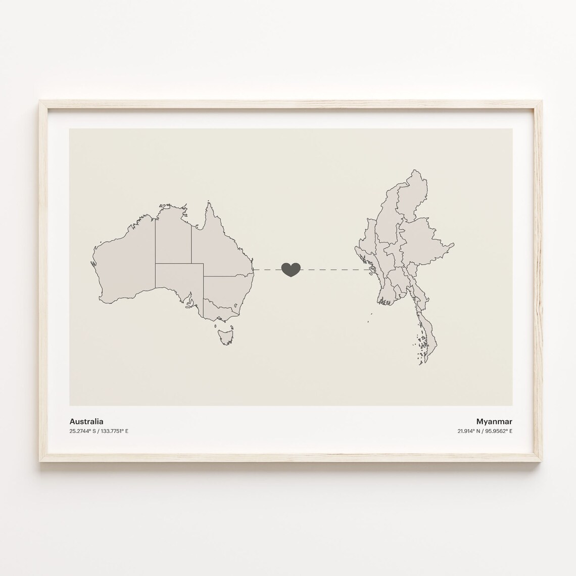 Australia and Myanmar Long Distance Love Country Connection Map Poster