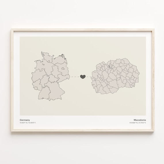 Germany to Macedonia Minimalist Heart Couple Connection Map Poster