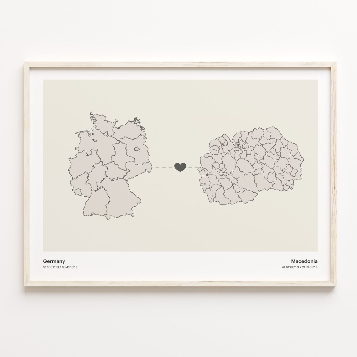Germany to Macedonia Minimalist Heart Couple Connection Map Poster