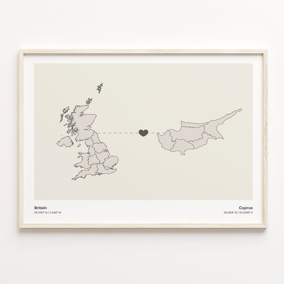 Britain to Cyprus Heart Connection Map Long Distance Gift Poster