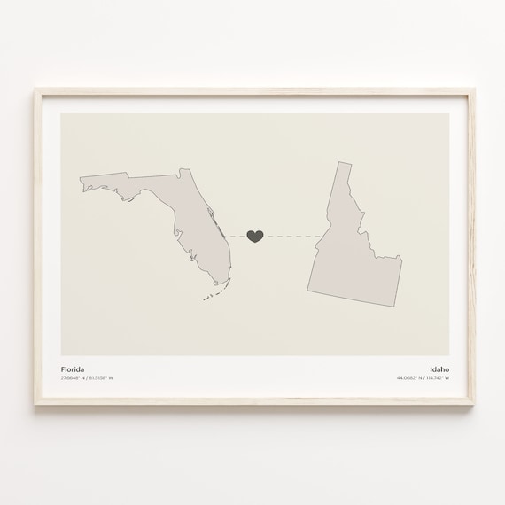 Florida To Idaho Minimalist Heart Map Long Distance Love Poster