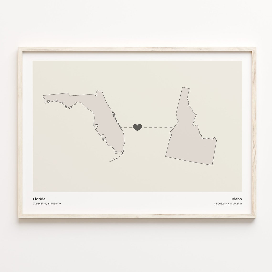 Florida To Idaho Minimalist Heart Map Long Distance Love Poster