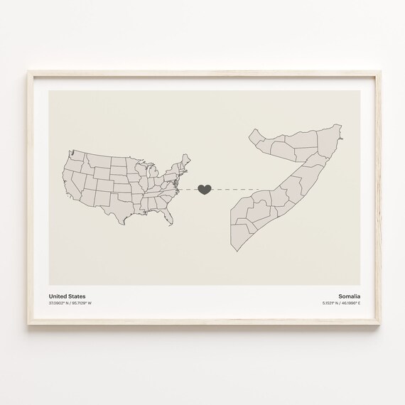 United States to Somalia Heart Connection Map Minimalist Poster
