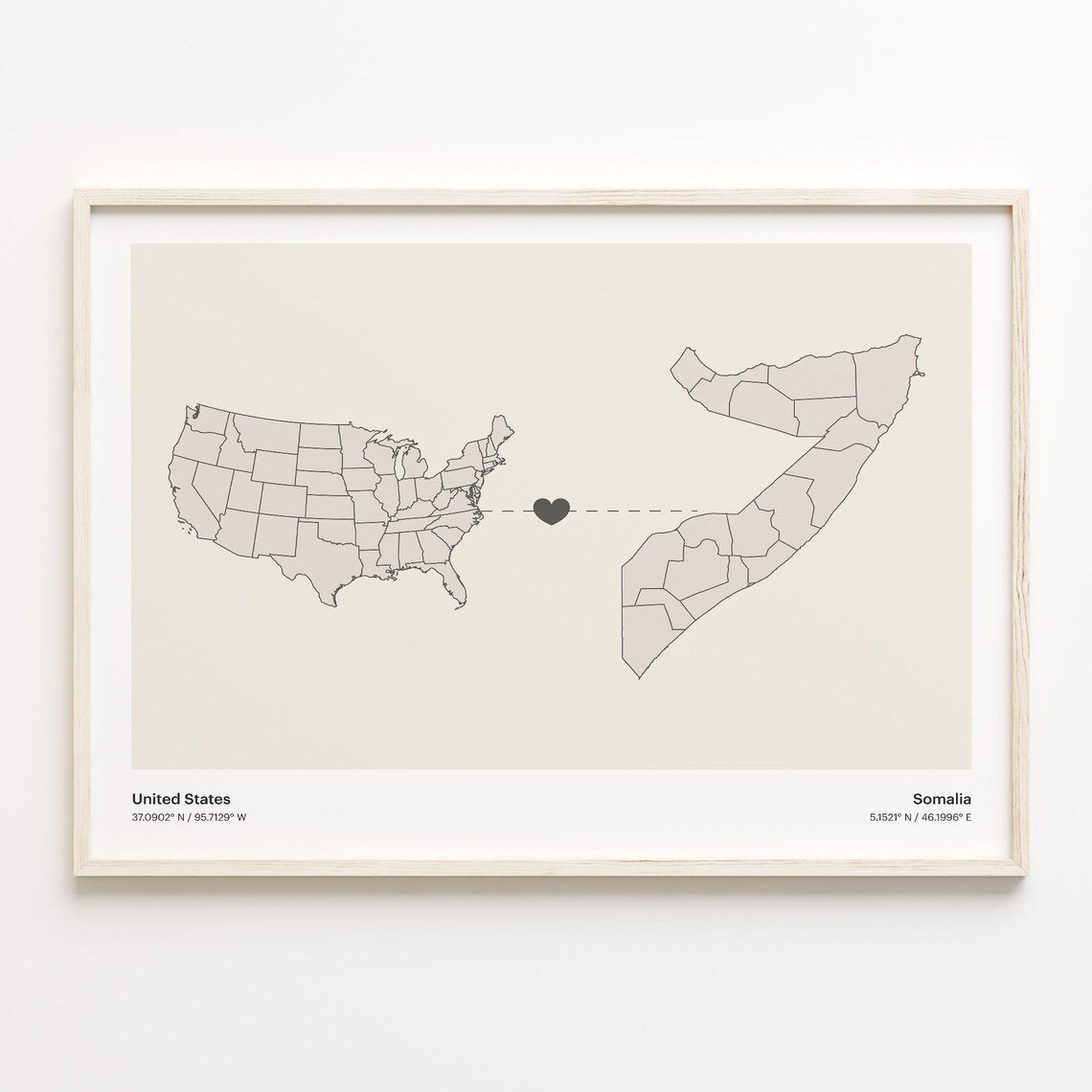 United States to Somalia Heart Connection Map Minimalist Poster
