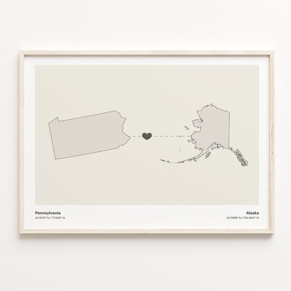 Pennsylvania to Alaska Long Distance Heart Map Minimalist Connection Poster