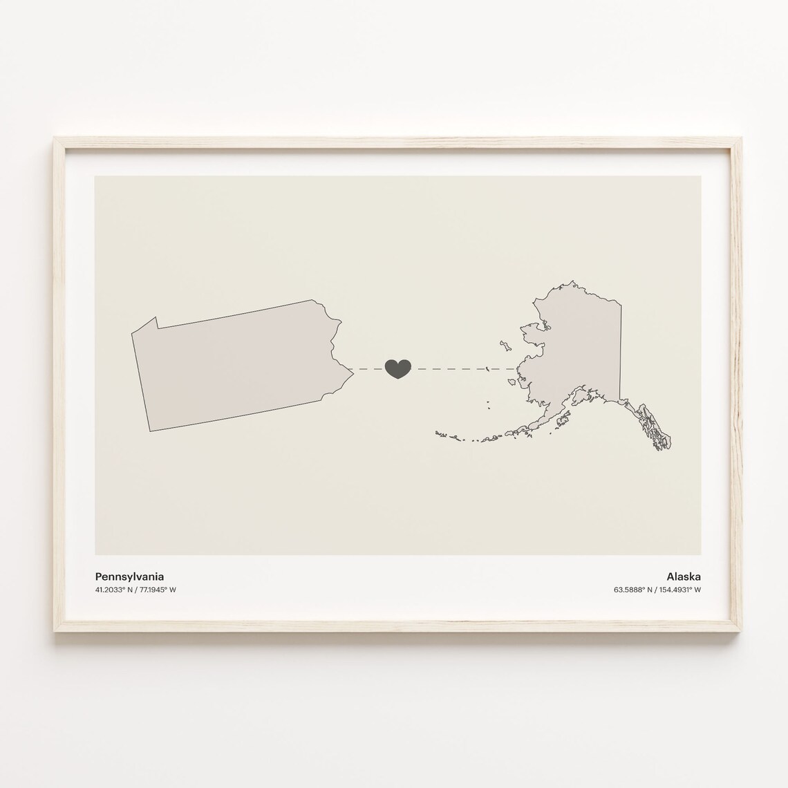 Pennsylvania to Alaska Long Distance Heart Map Minimalist Connection Poster