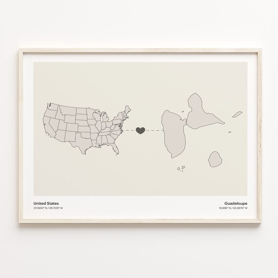 United States To Guadeloupe Minimalist Heart Map Connection Gift Poster
