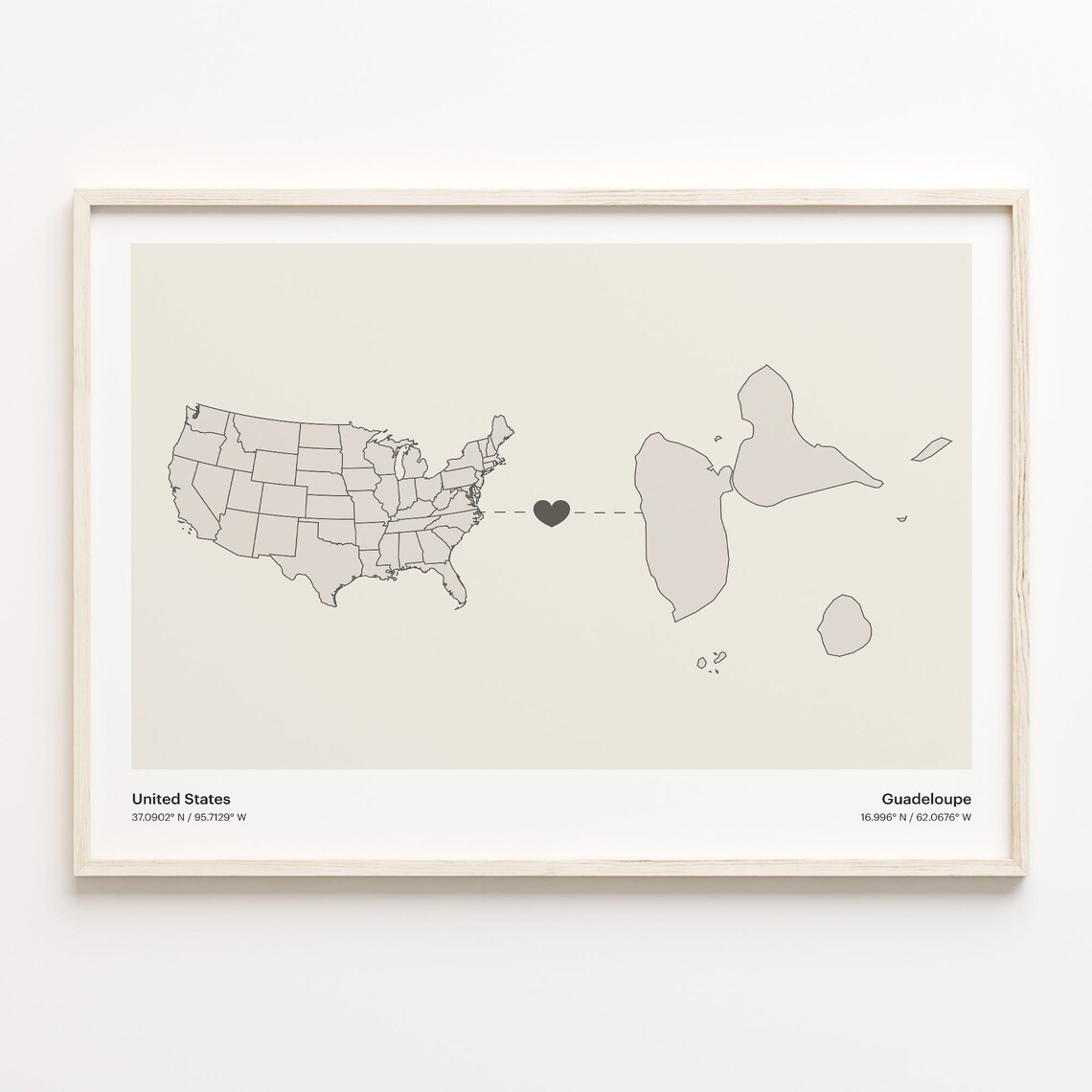 United States To Guadeloupe Minimalist Heart Map Connection Gift Poster