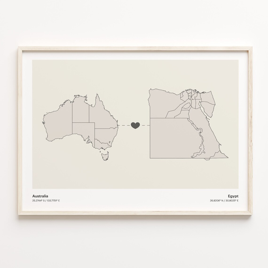 Australia To Egypt Long Distance Heart Map Couple Gift Poster