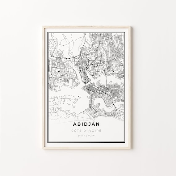 Abidjan Ivory Coast Black and White Minimalist City Map Poster