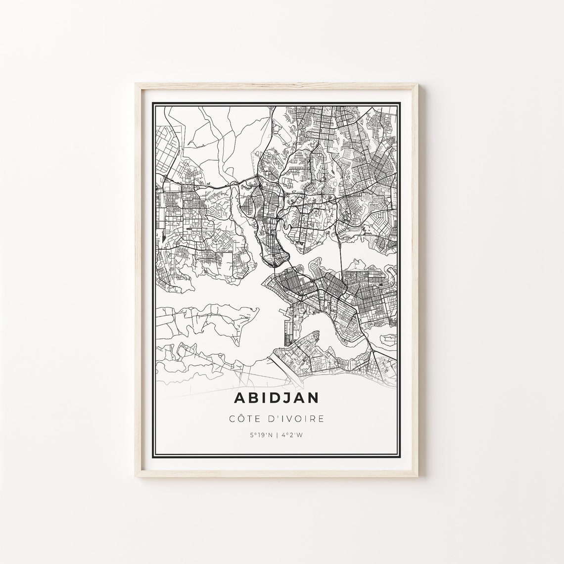 Abidjan Ivory Coast Black and White Minimalist City Map Poster