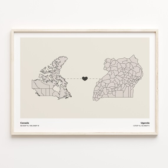 Canada To Uganda Minimalist Map Heart Connection Gift Poster
