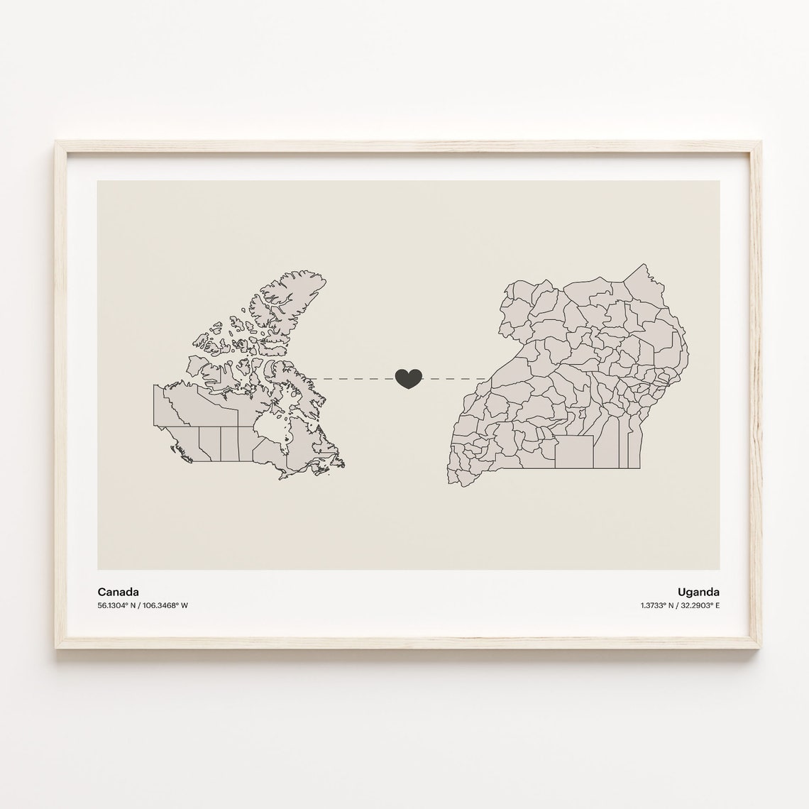 Canada To Uganda Minimalist Map Heart Connection Gift Poster