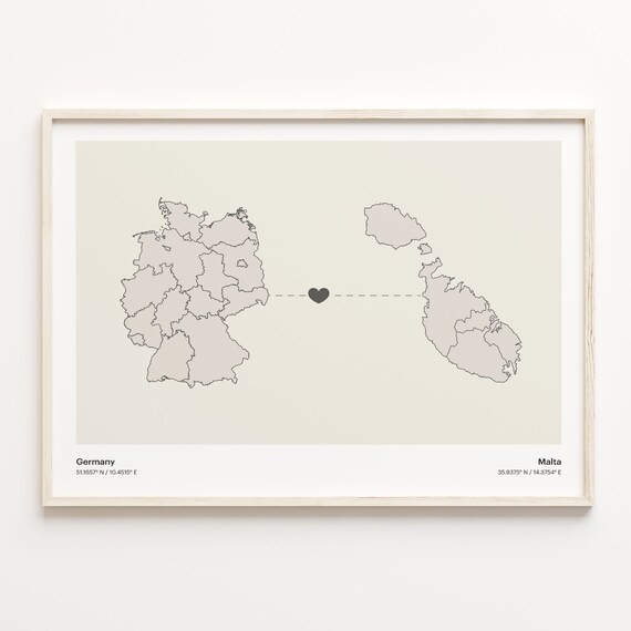 Germany Malta Heart Connection Minimalist Beige Country Maps Poster