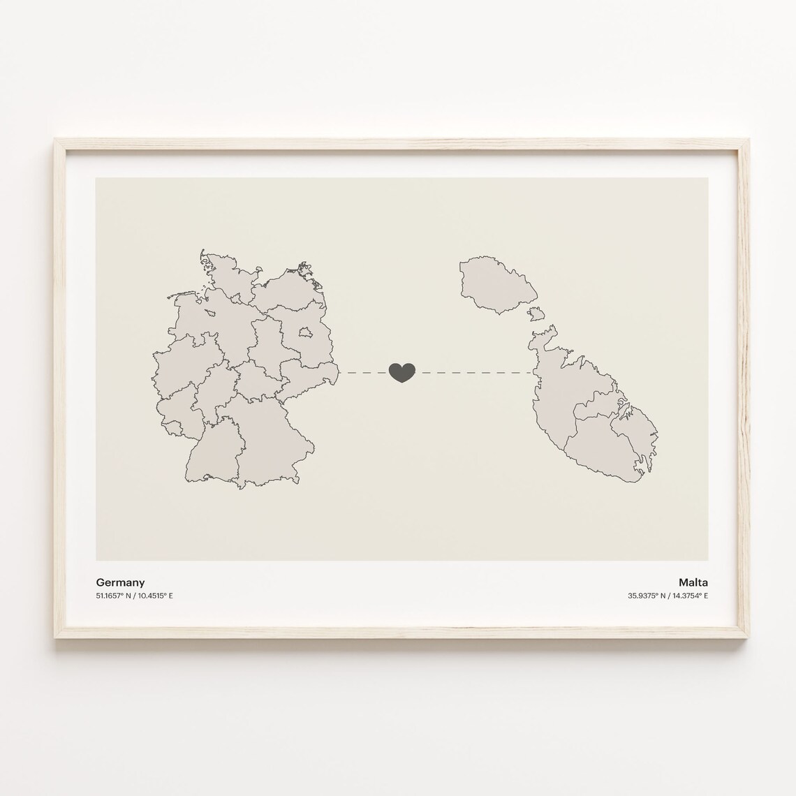 Germany Malta Heart Connection Minimalist Beige Country Maps Poster