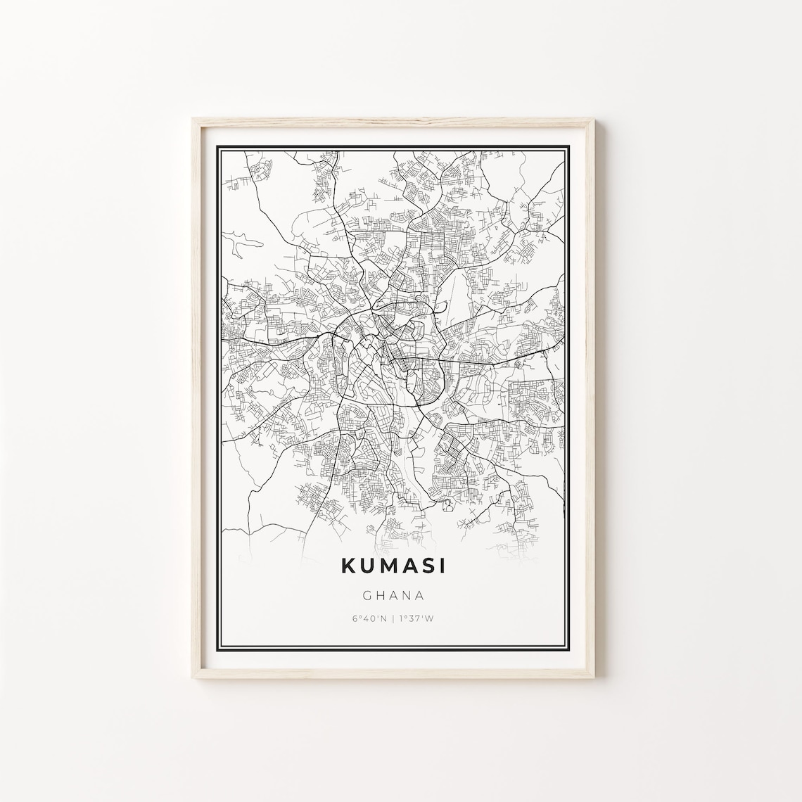 Kumasi City Map Art Print, Modern Black and White