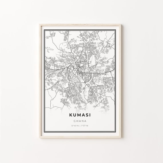 Kumasi City Map Art Print, Modern Black and White