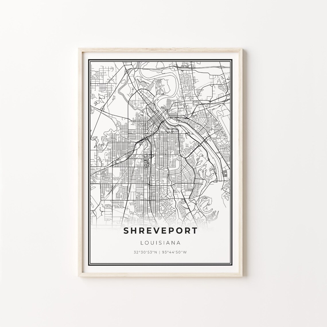 Shreveport Louisiana Black And White City Street Map Art Poster