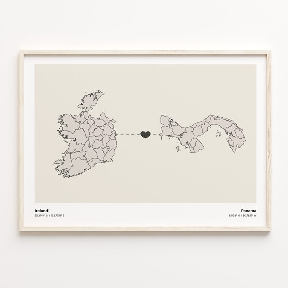 Ireland Panama Minimalist Long Distance Love Heart Map Poster