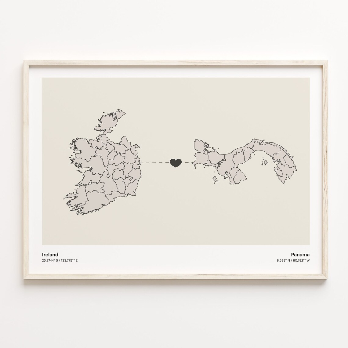 Ireland Panama Minimalist Long Distance Love Heart Map Poster
