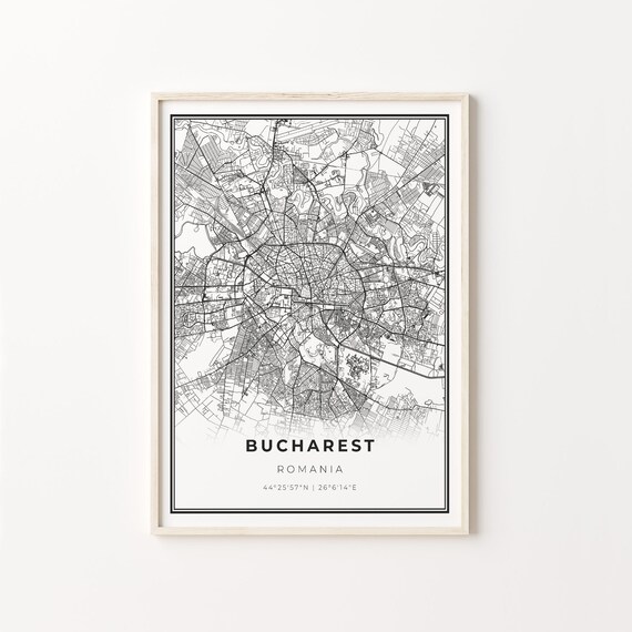 Bucharest Romania Minimalist Black and White City Street Map Poster