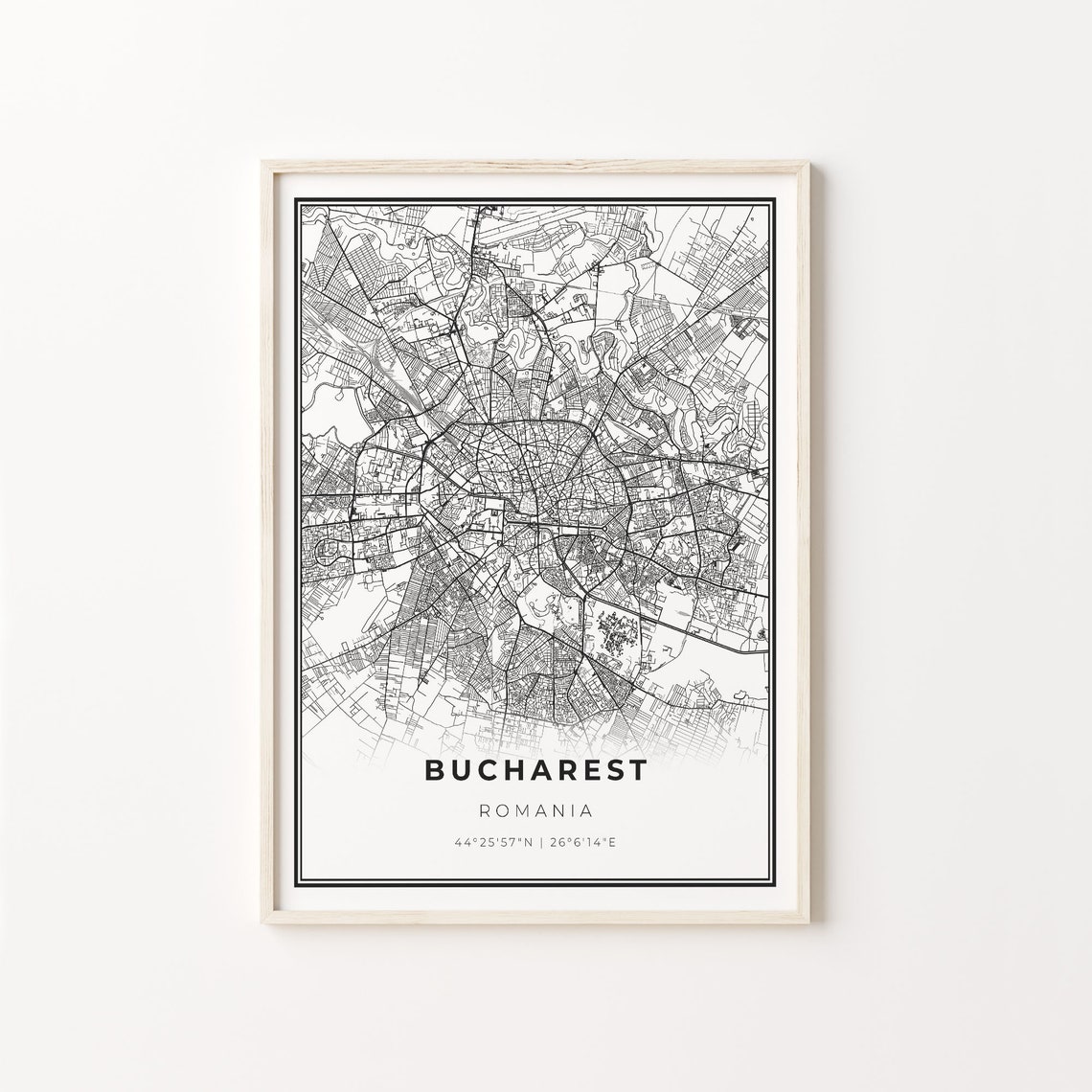 Bucharest Romania Minimalist Black and White City Street Map Poster