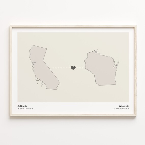 California Wisconsin Minimalist Long Distance Heart Map Poster