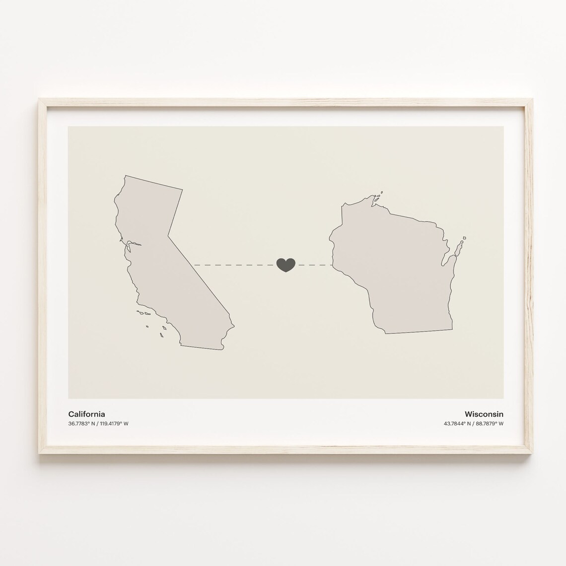 California Wisconsin Minimalist Long Distance Heart Map Poster