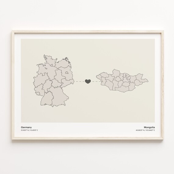 Germany To Mongolia Minimalist Love Connection Map Travel Poster