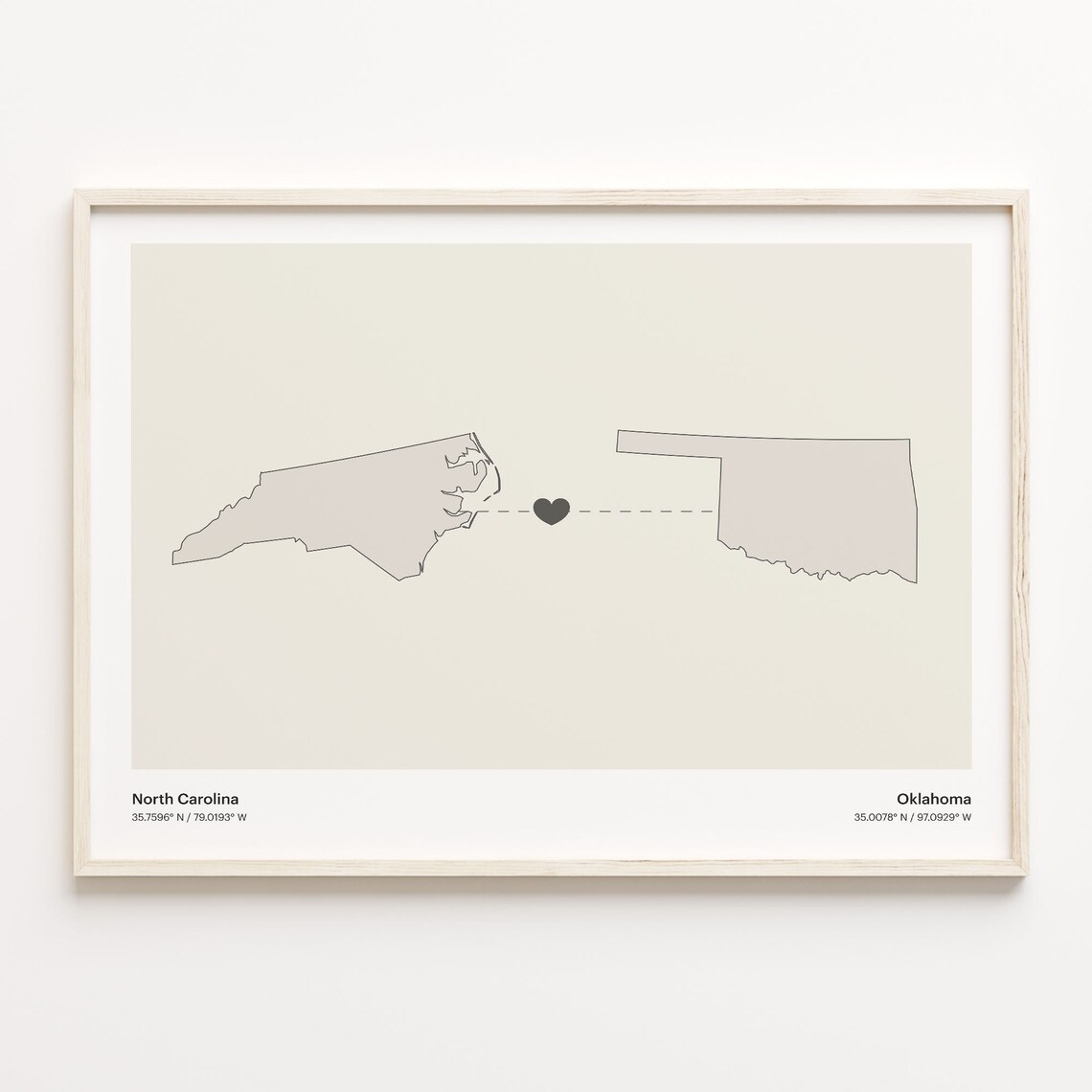 North Carolina to Oklahoma Minimalist Long Distance Connection Map Poster