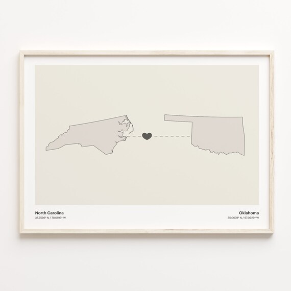 North Carolina to Oklahoma Minimalist Long Distance Connection Map Poster